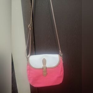 Avon Pink and White Crossbody Bag with Tan Accents